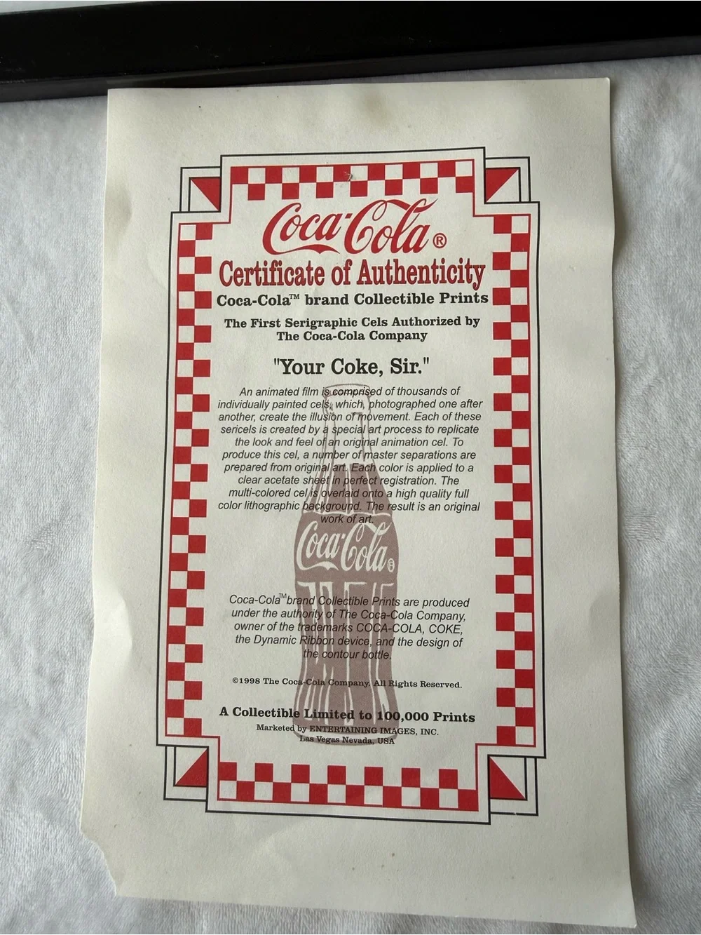 Vintage coca-cola “Your Coke Sir” cel 1998 animation cell style